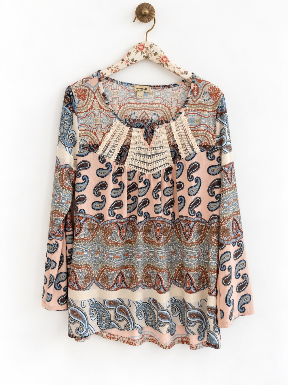 One World Boho Paisley Crochet-Neck Peasant Top